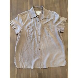 Orvis Medium 100% Silk Short Sleeve Button Down Gorpcore Taupe Brown Utility